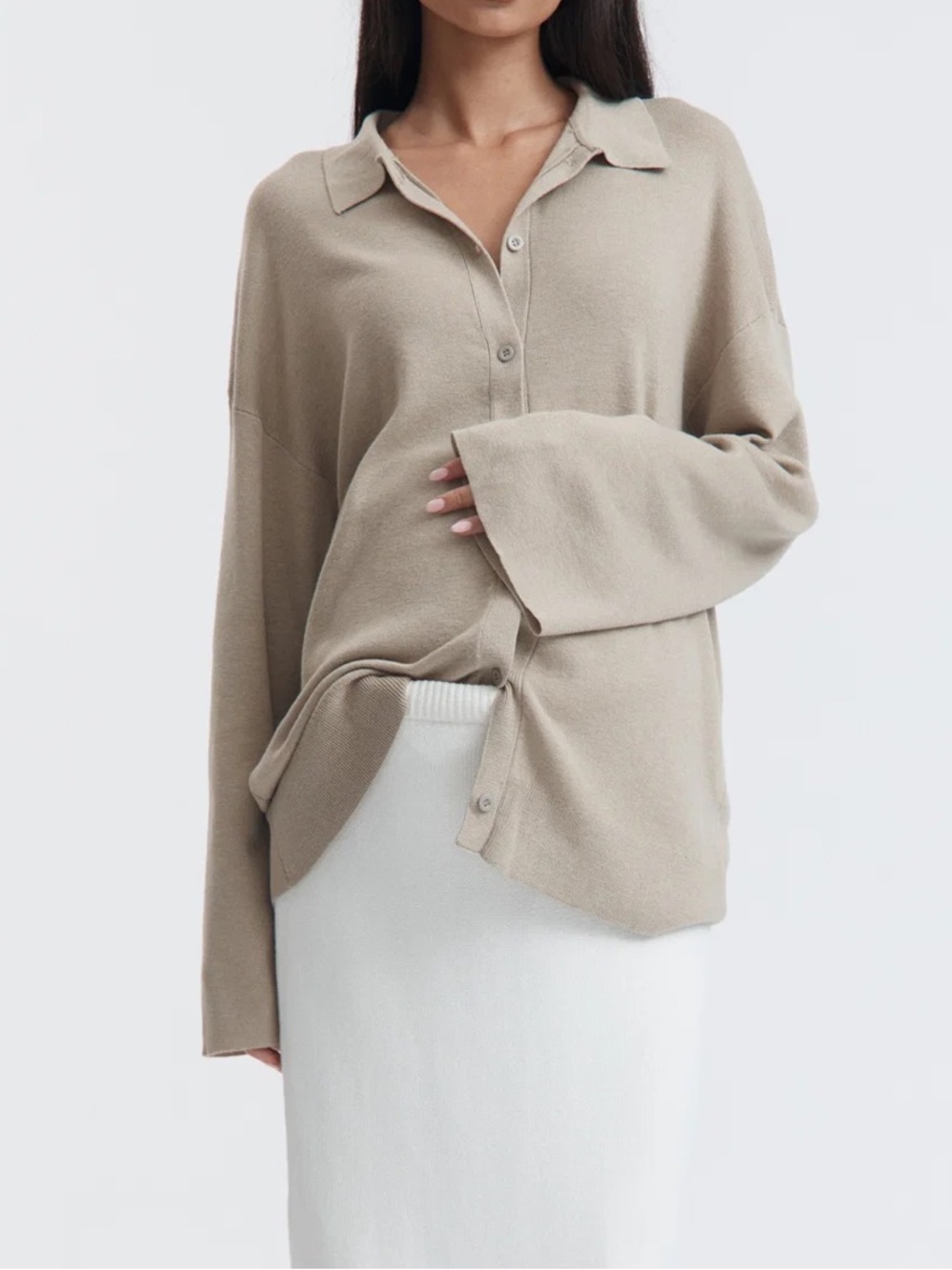 Relaxed Collared Button-Front Sweater - Taupe - Picture 2 of 4